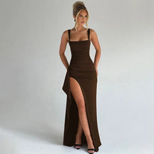 Women's Square-Neck Maxi Evening Dress with Slit | Tilly in Brown