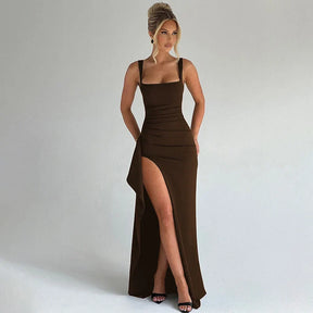 Women's Square-Neck Maxi Evening Dress with Slit | Tilly in Brown