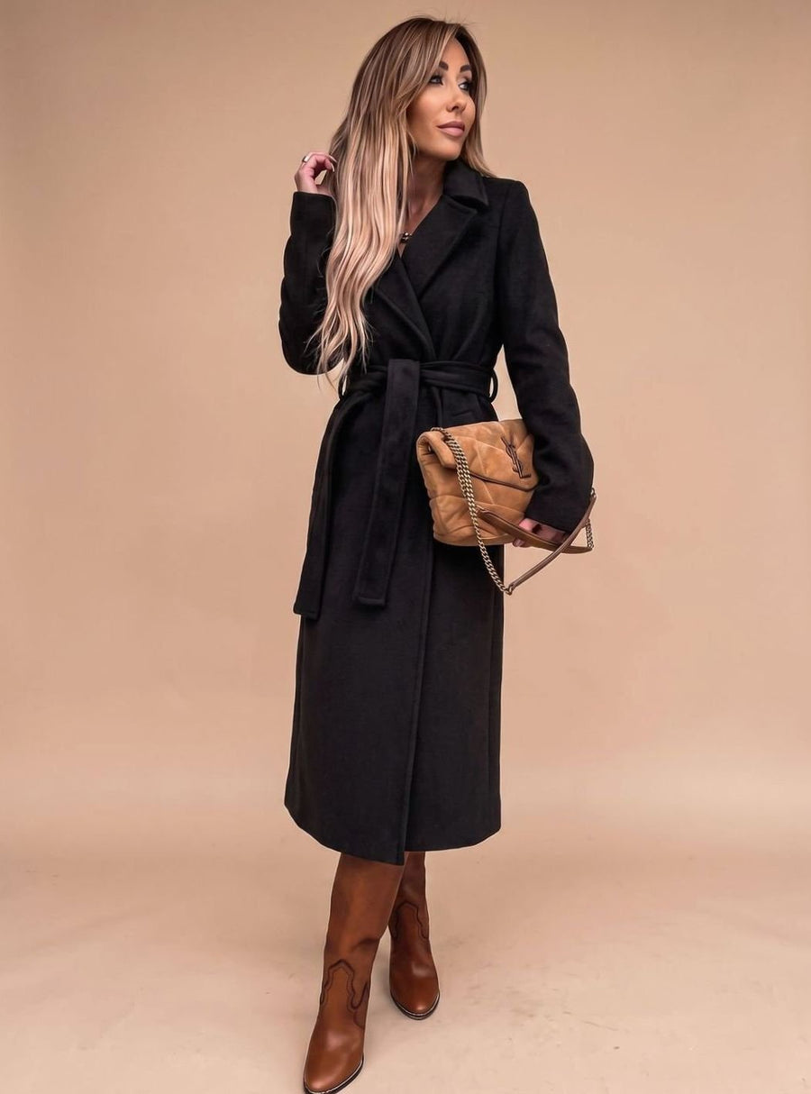 Women's Belted Trench Coat with Lapels | Charlotte in Black - Juana Fashion