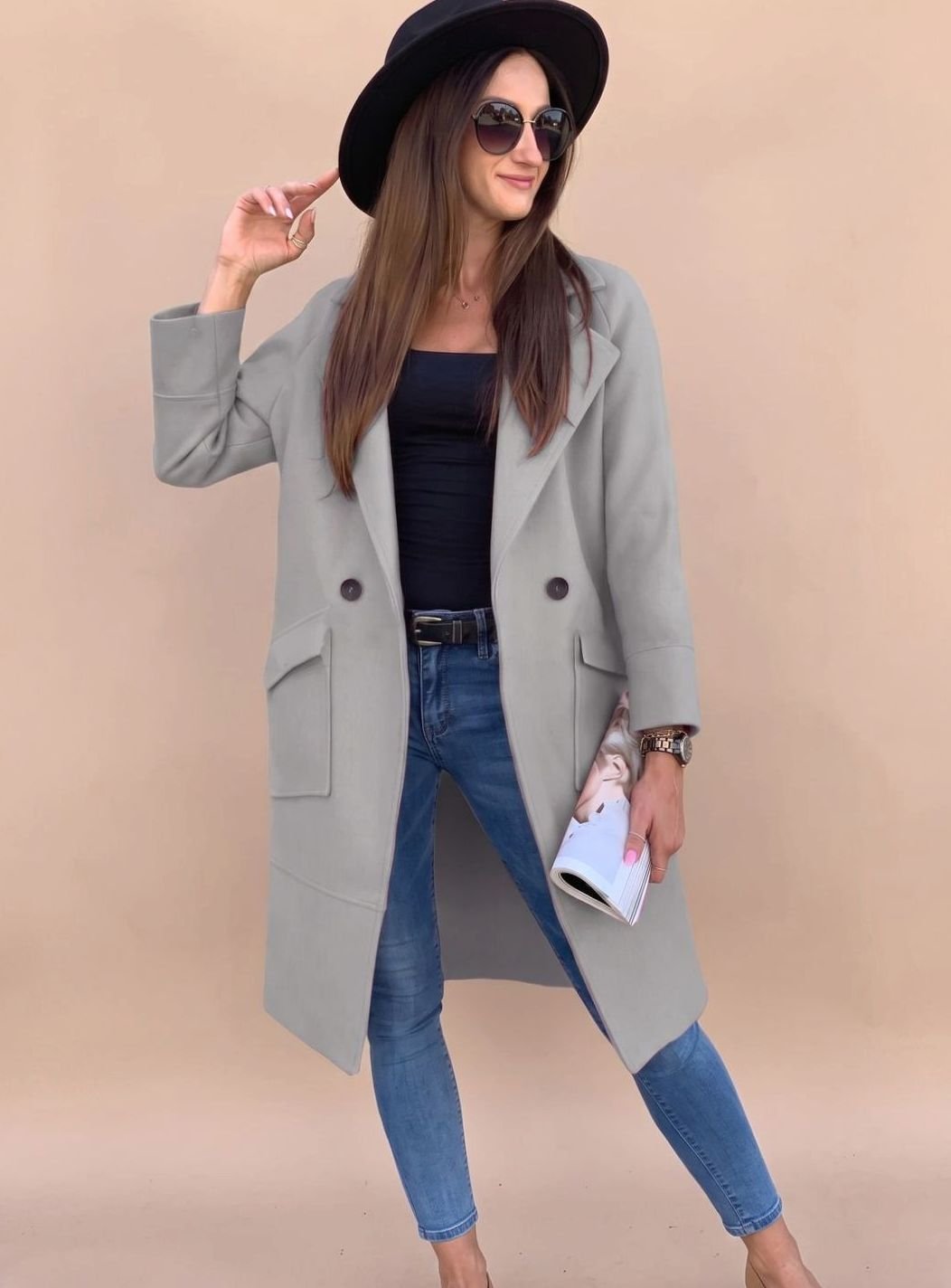 Women's Double-Breasted Trench Coat with Pockets | Marlene in Black - Juana Fashion
