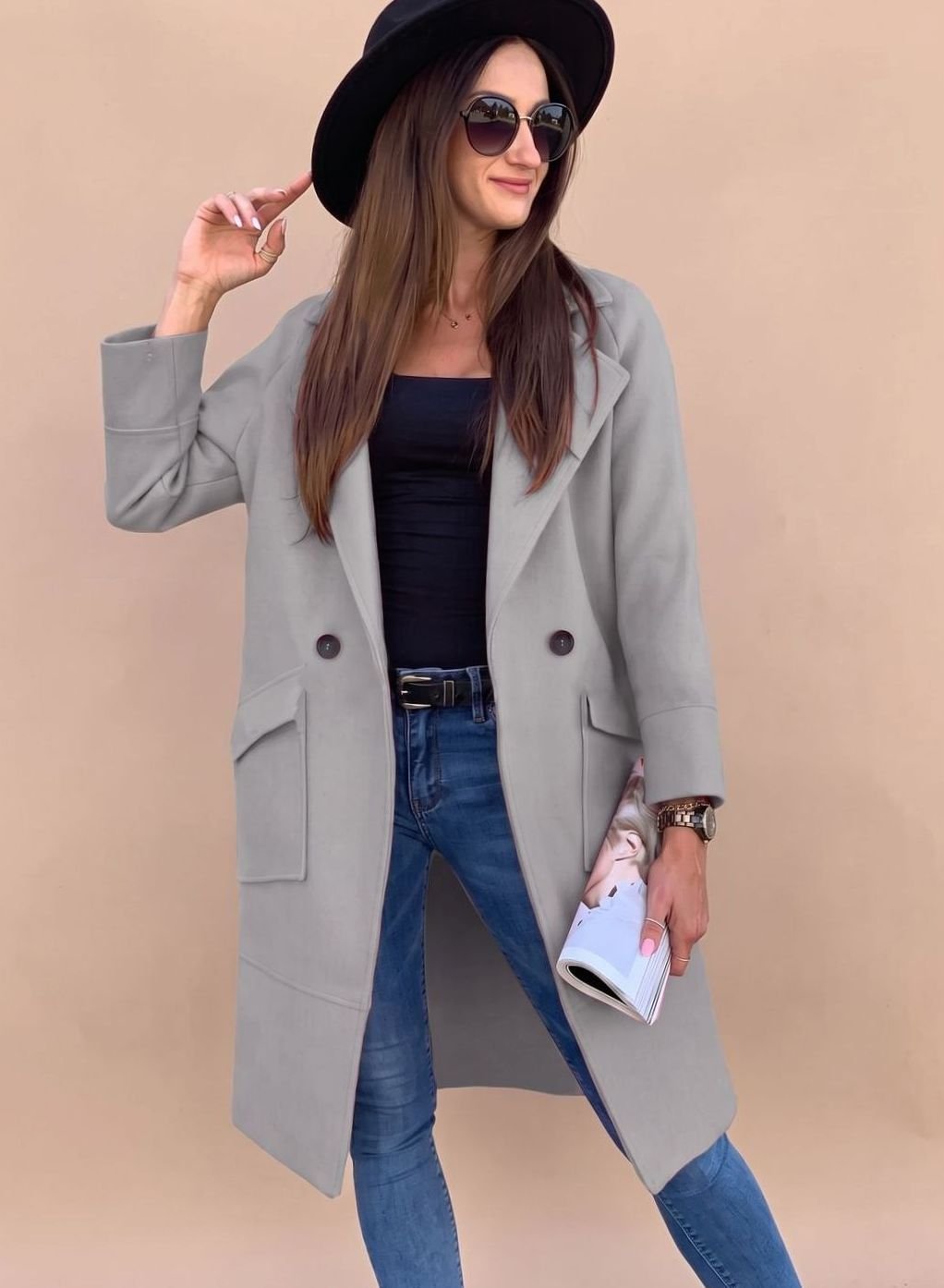 Women's Double-Breasted Trench Coat with Pockets | Marlene in Light Gray - Juana Fashion