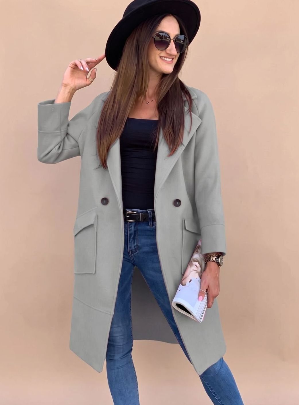 Women's Double-Breasted Trench Coat with Pockets | Marlene in Light Gray - Juana Fashion