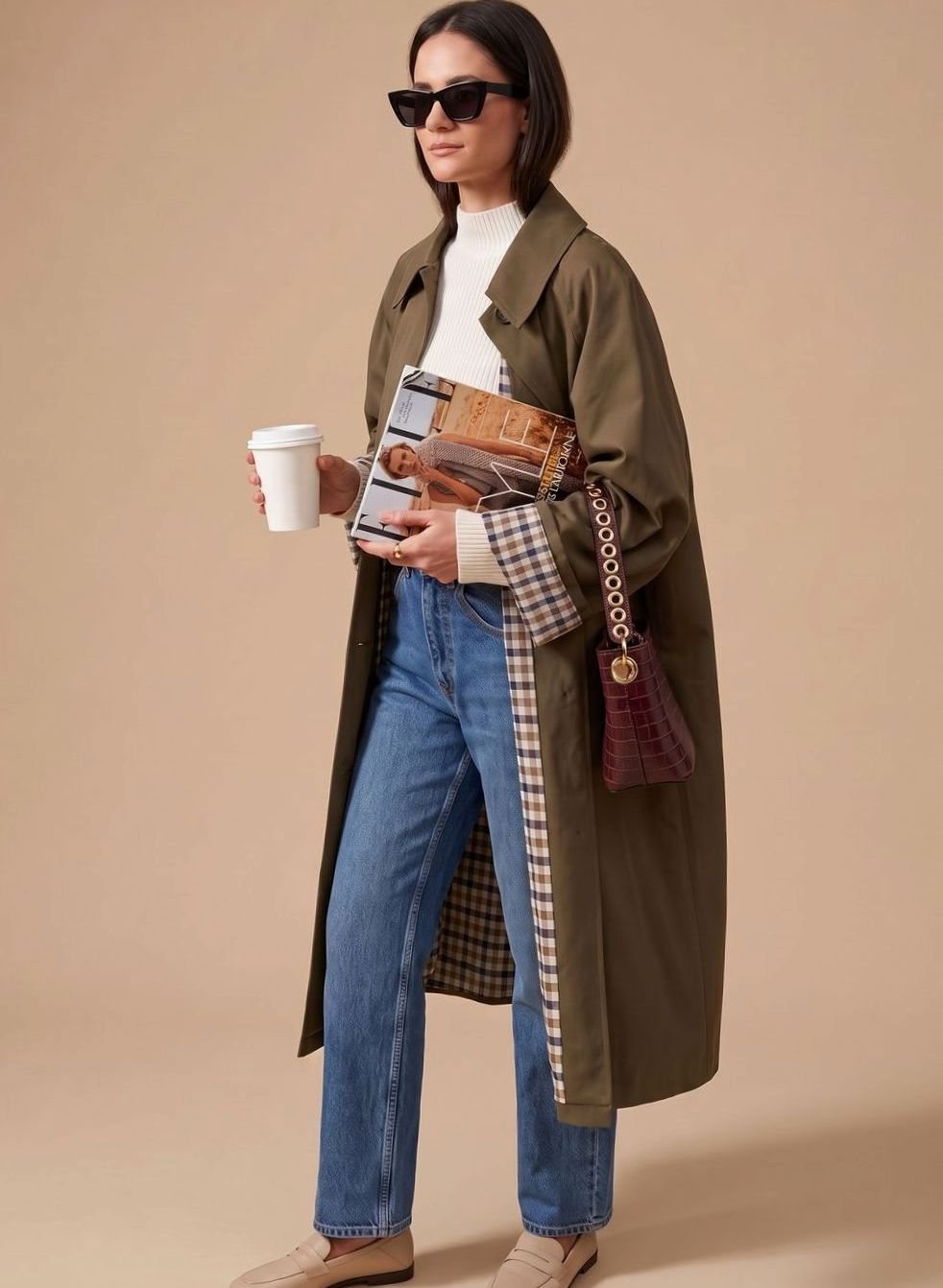 Women's Long Trench Coat with Side Pockets | Johanna in Olive Green - Juana Fashion