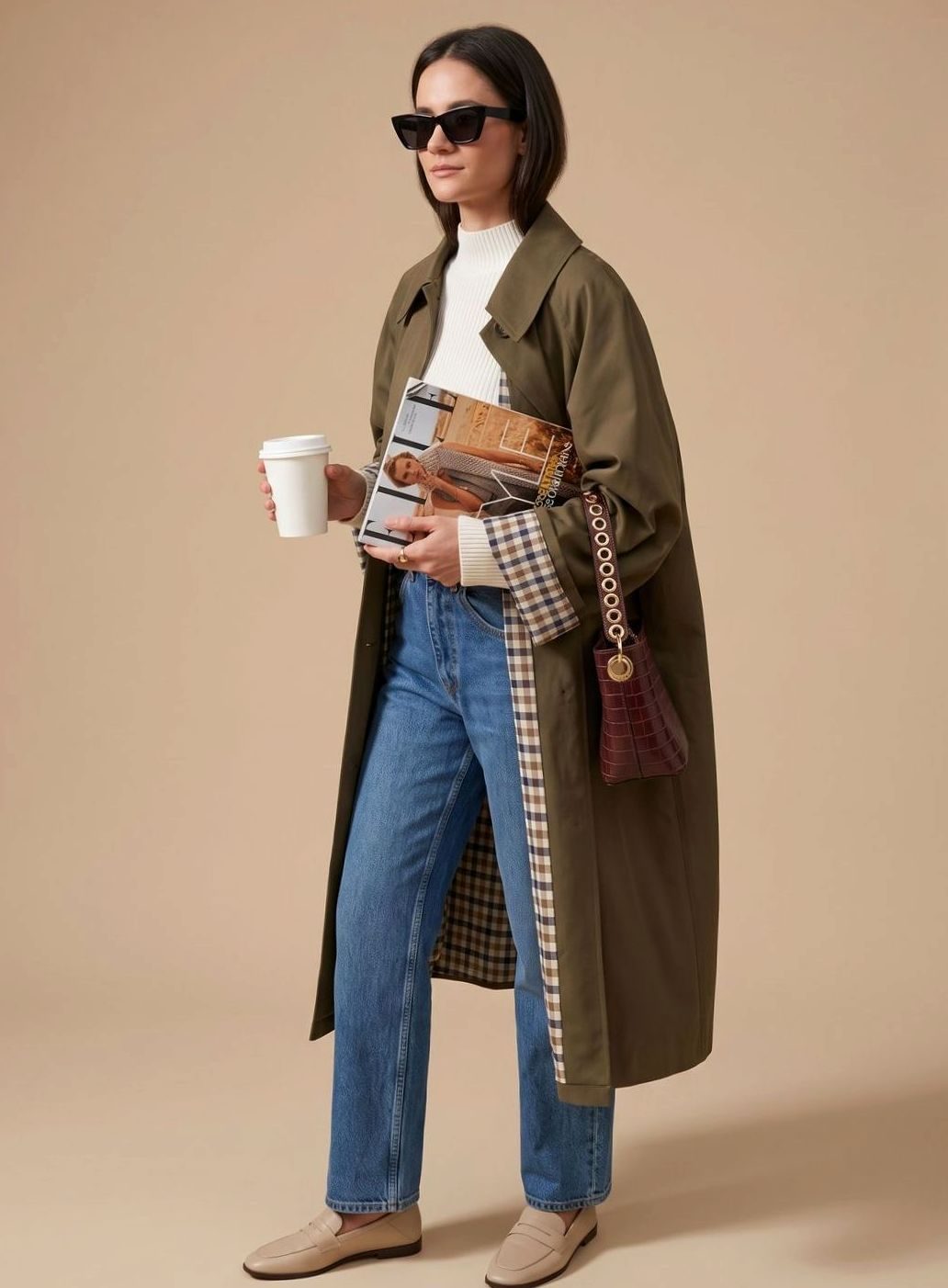 Women's Long Trench Coat with Side Pockets | Johanna in Olive Green - Juana Fashion