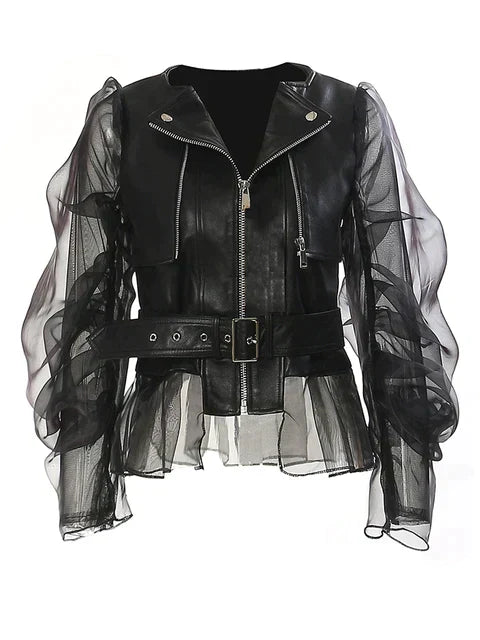 Women's Zip Front Long Sleeve Faux Leather Jacket — View 2