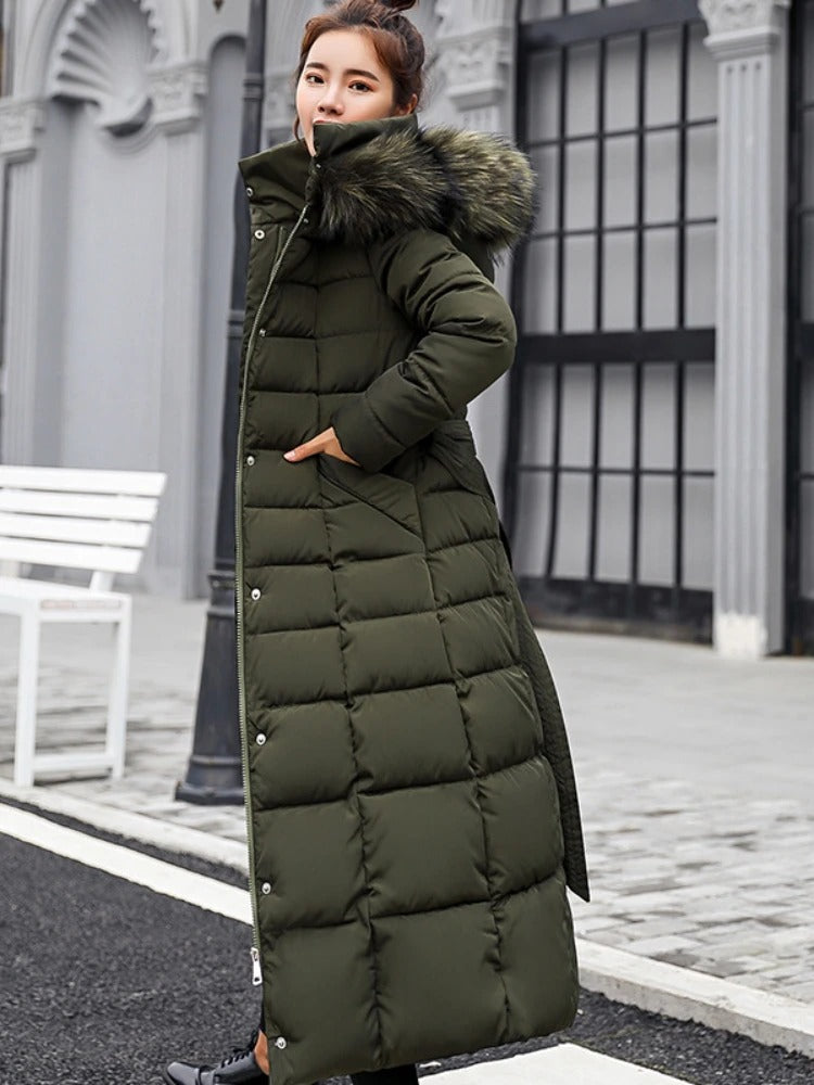 Women's Long Hooded Quilted Winter Coat | Franziska in Black - Juana Fashion