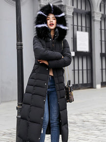 Women's Long Hooded Quilted Winter Coat | Franziska in Black - Juana Fashion