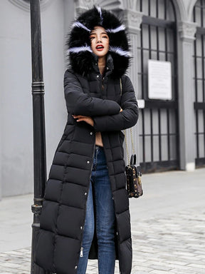 Women's Long Hooded Quilted Winter Coat | Franziska in Black - Juana Fashion