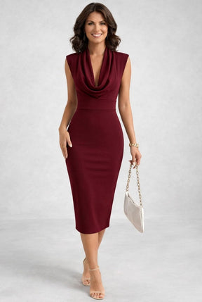 Women's Sleeveless Cowl-Neck Midi Cocktail Dress | Vevina in Burgundy