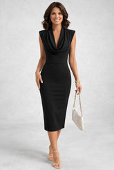 Women's Sleeveless Cowl-Neck Midi Cocktail Dress | Vevina in Black