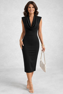 Women's Sleeveless Cowl-Neck Midi Cocktail Dress | Vevina in Black