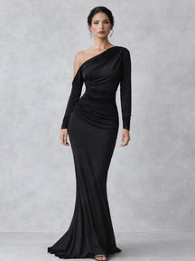 Women's One-Shoulder Ruched Maxi Evening Dress | Vienne in Black