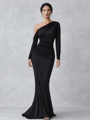 Women's One-Shoulder Ruched Maxi Evening Dress | Vienne in Black