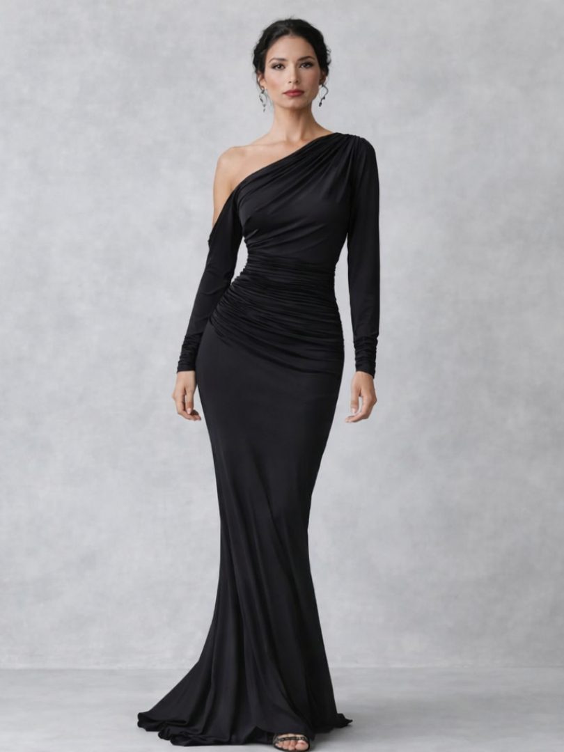Women's One-Shoulder Ruched Maxi Evening Dress | Vienne in Black