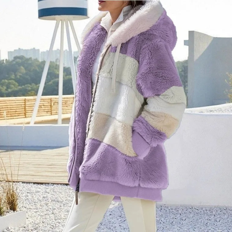 Women's Colorblock Hooded Winter Jacket | Franziska in Blue Stripe - Juana Fashion
