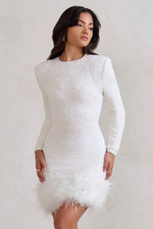 Women's Sequin Long-Sleeve Mini Dress, Feather Trim | Violet in White