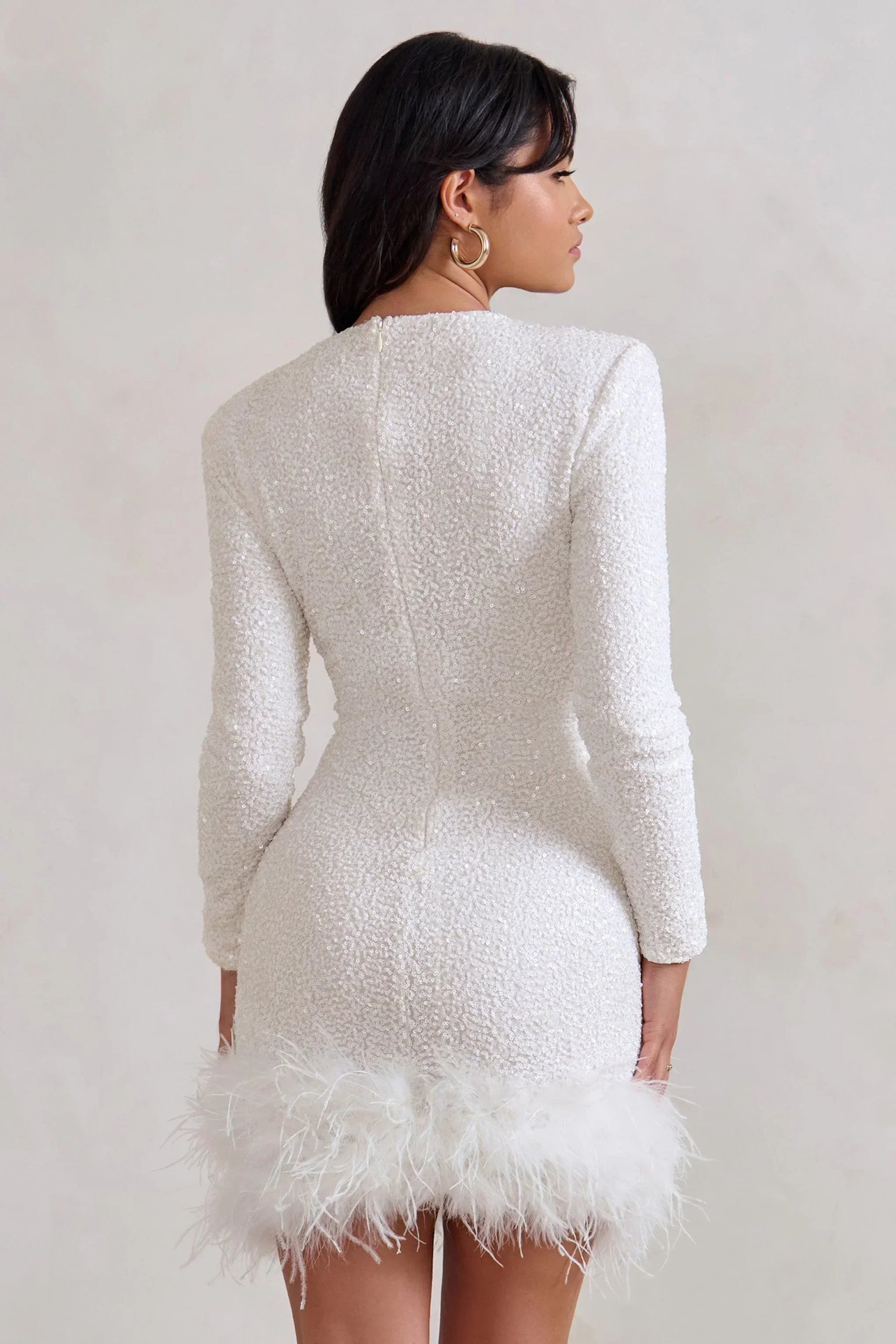 Women's Sequin Long-Sleeve Mini Dress, Feather Trim | Violet