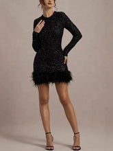 Women's Sequin Long-Sleeve Mini Dress, Feather Trim | Violet in Black