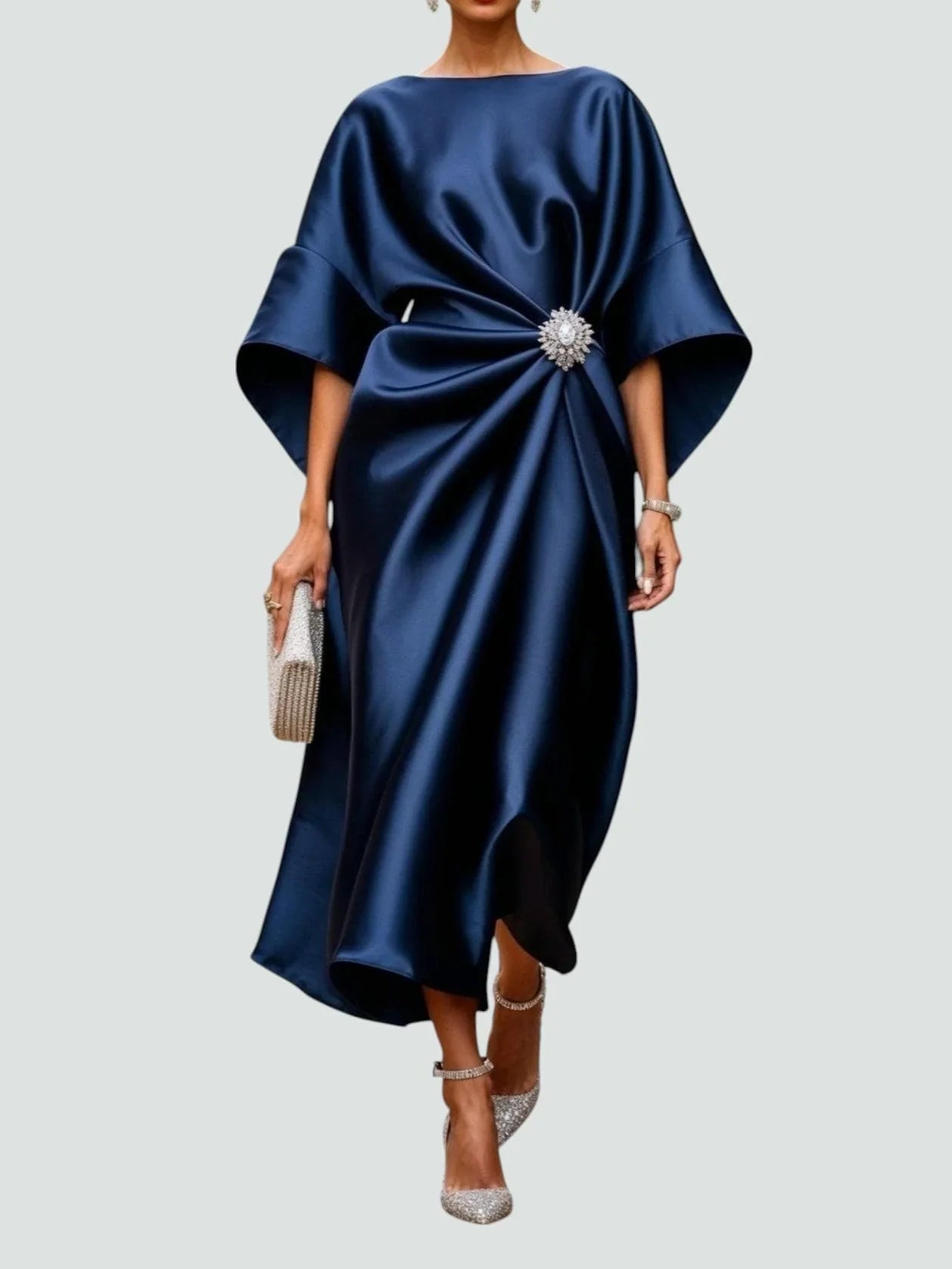 Women's Draped Midi Wedding Guest Dress with Brooch | Vivienne in Navy Blue
