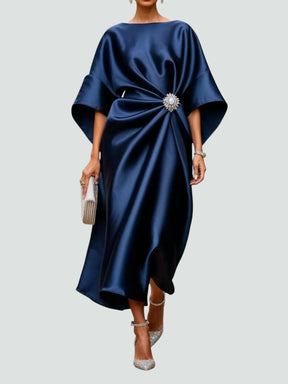 Women's Draped Midi Wedding Guest Dress with Brooch | Vivienne in Navy Blue