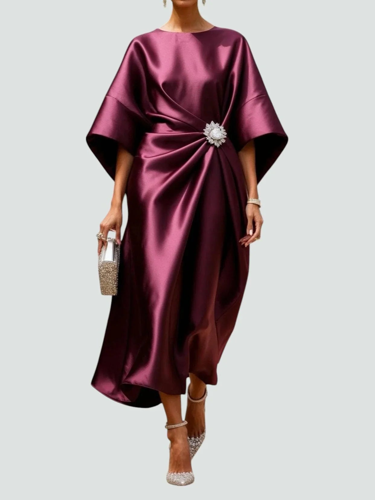 Women's Draped Midi Wedding Guest Dress with Brooch | Vivienne in Red