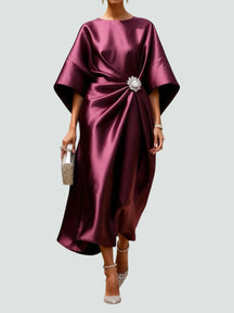 Women's Draped Midi Wedding Guest Dress with Brooch | Vivienne in Red