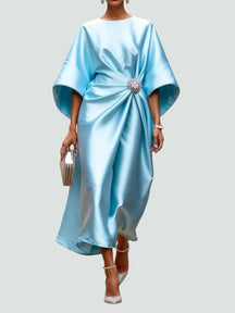Women's Draped Midi Wedding Guest Dress with Brooch | Vivienne in Light Blue