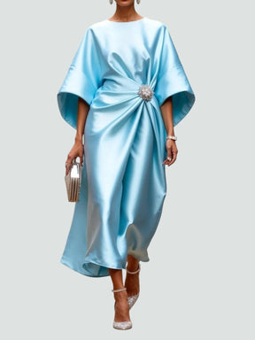 Women's Draped Midi Wedding Guest Dress with Brooch | Vivienne in Light Blue