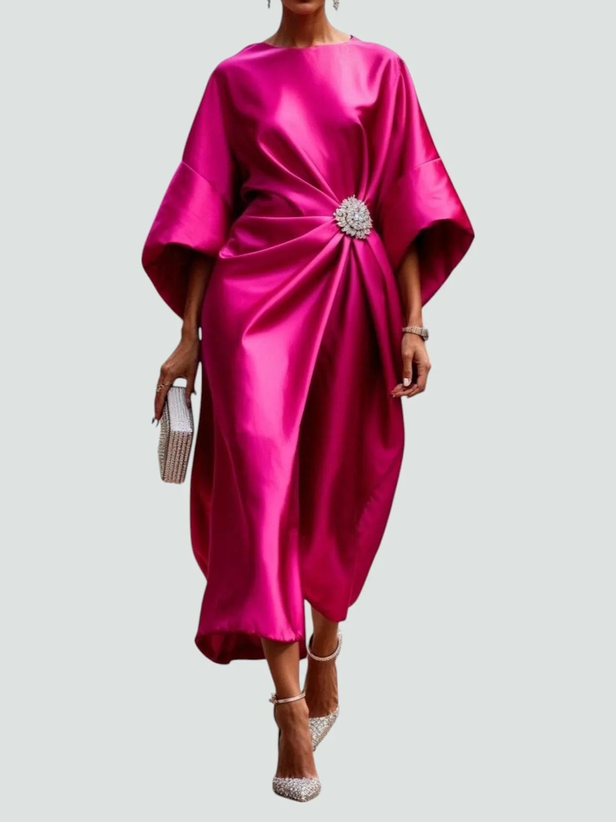 Women's Draped Midi Wedding Guest Dress with Brooch | Vivienne in Pink