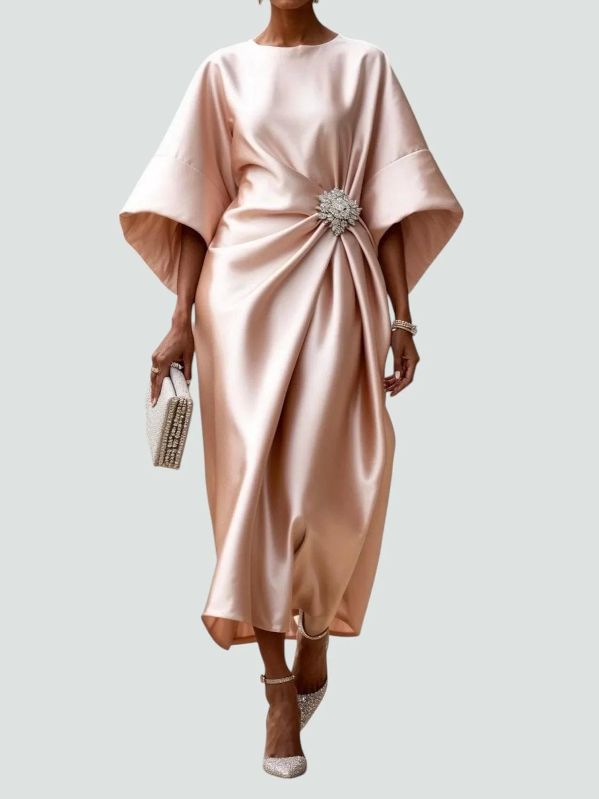 Women's Draped Midi Wedding Guest Dress with Brooch | Vivienne in Beige