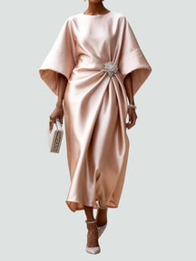 Women's Draped Midi Wedding Guest Dress with Brooch | Vivienne in Beige