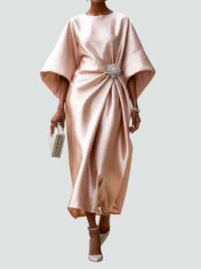 Women's Draped Midi Wedding Guest Dress with Brooch | Vivienne in Beige