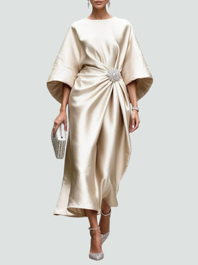 Women's Draped Midi Wedding Guest Dress with Brooch | Vivienne in Khaki