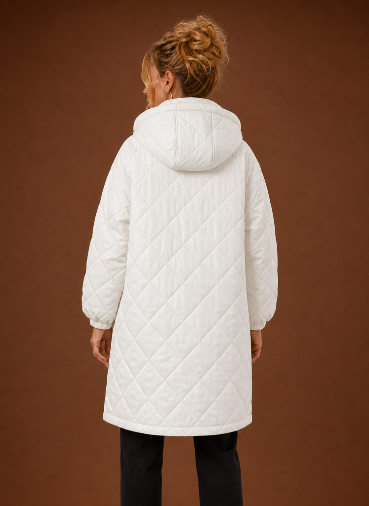 Women's Long Hooded Quilted Winter Coat | Lucia in White - Juana Fashion
