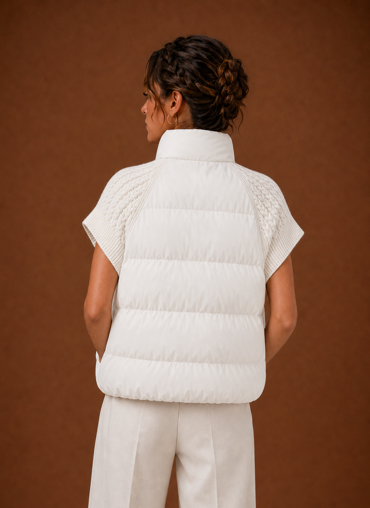 Women's Quilted Vest with Knit Shoulder Panels | Laura in White - Juana Fashion