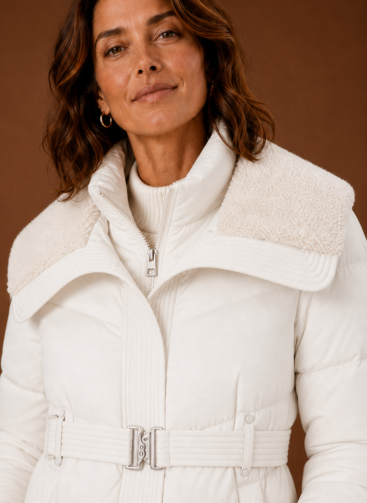 Women's Belted Quilted Winter Jacket | Serena in White - Juana Fashion