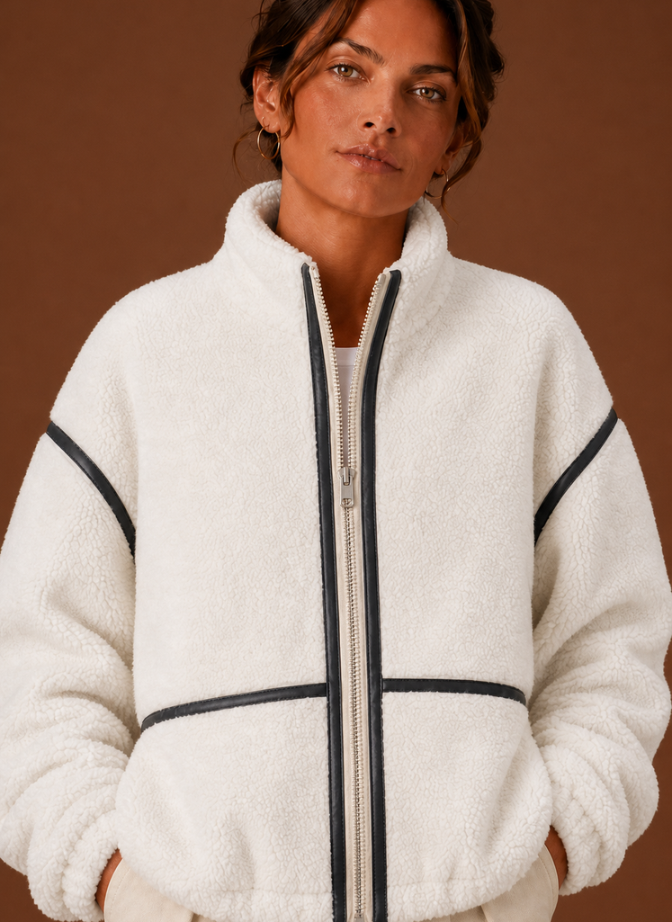 Women's Sherpa Fleece Zip-Up Jacket | Isabella in White - Juana Fashion
