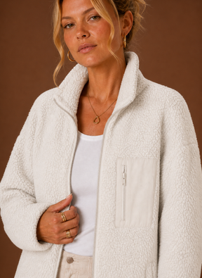 Women's Sherpa Zip-Up Jacket | Natalia in White - Juana Fashion