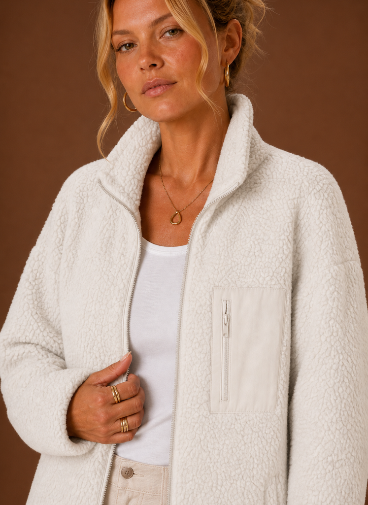 Women's Sherpa Zip-Up Jacket | Natalia in White - Juana Fashion
