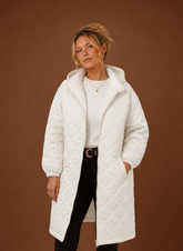 Women's Long Hooded Quilted Winter Coat | Lucia in White - Juana Fashion