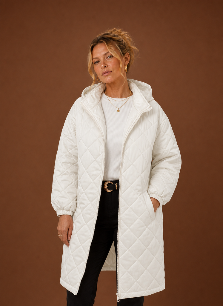 Women's Long Hooded Quilted Winter Coat | Lucia in White - Juana Fashion