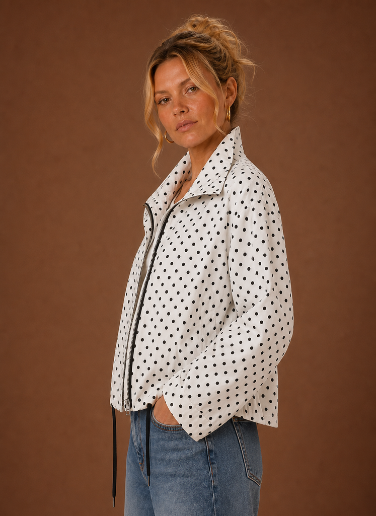 Women's Lightweight Polka Dot Jacket with Adjustable Fit | Viviana in White - Juana Fashion