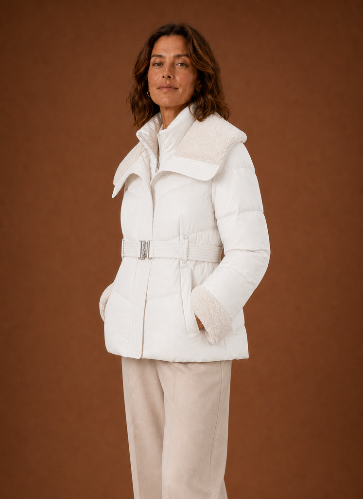 Women's Belted Quilted Winter Jacket | Serena in White - Juana Fashion