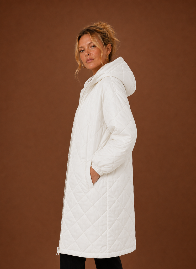 Women's Long Hooded Quilted Winter Coat | Lucia in White - Juana Fashion