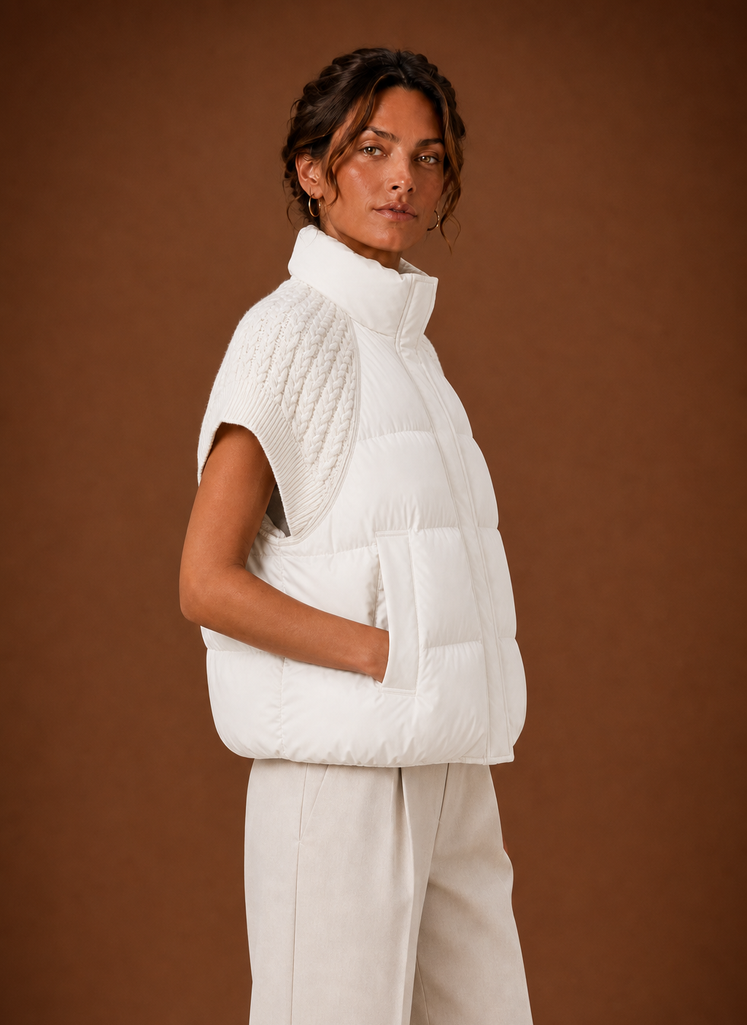 Women's Quilted Vest with Knit Shoulder Panels | Laura in White - Juana Fashion