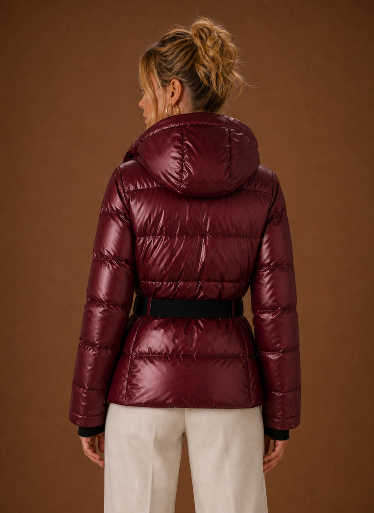 Women's Metallic Hooded Quilted Jacket | Olivia in Wine Red - Juana Fashion