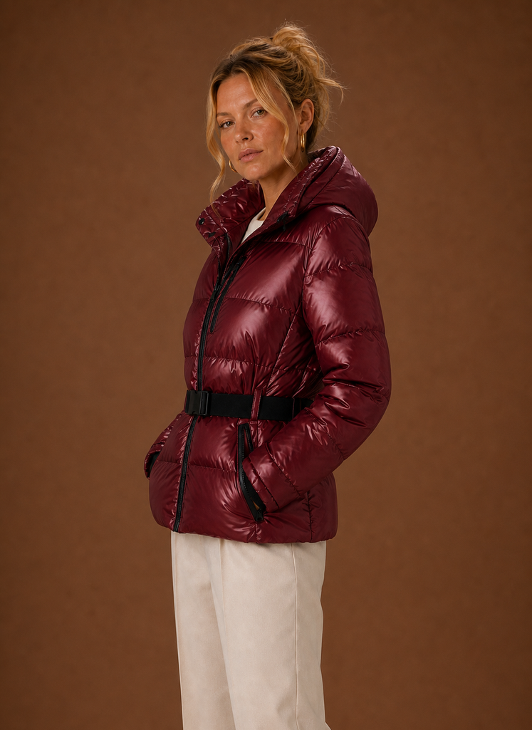 Women's Metallic Hooded Quilted Jacket | Olivia in Wine Red - Juana Fashion