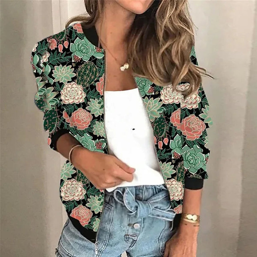 Women's Cat Print Bomber Jacket | Sophie in White/Black - Juana Fashion