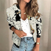 Women's Cat Print Bomber Jacket | Sophie in White/Black - Juana Fashion