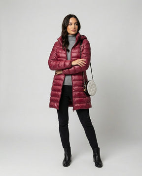 Women's Ultralight Fitted Hooded Down Jacket | Annika in Burgundy - Juana Fashion